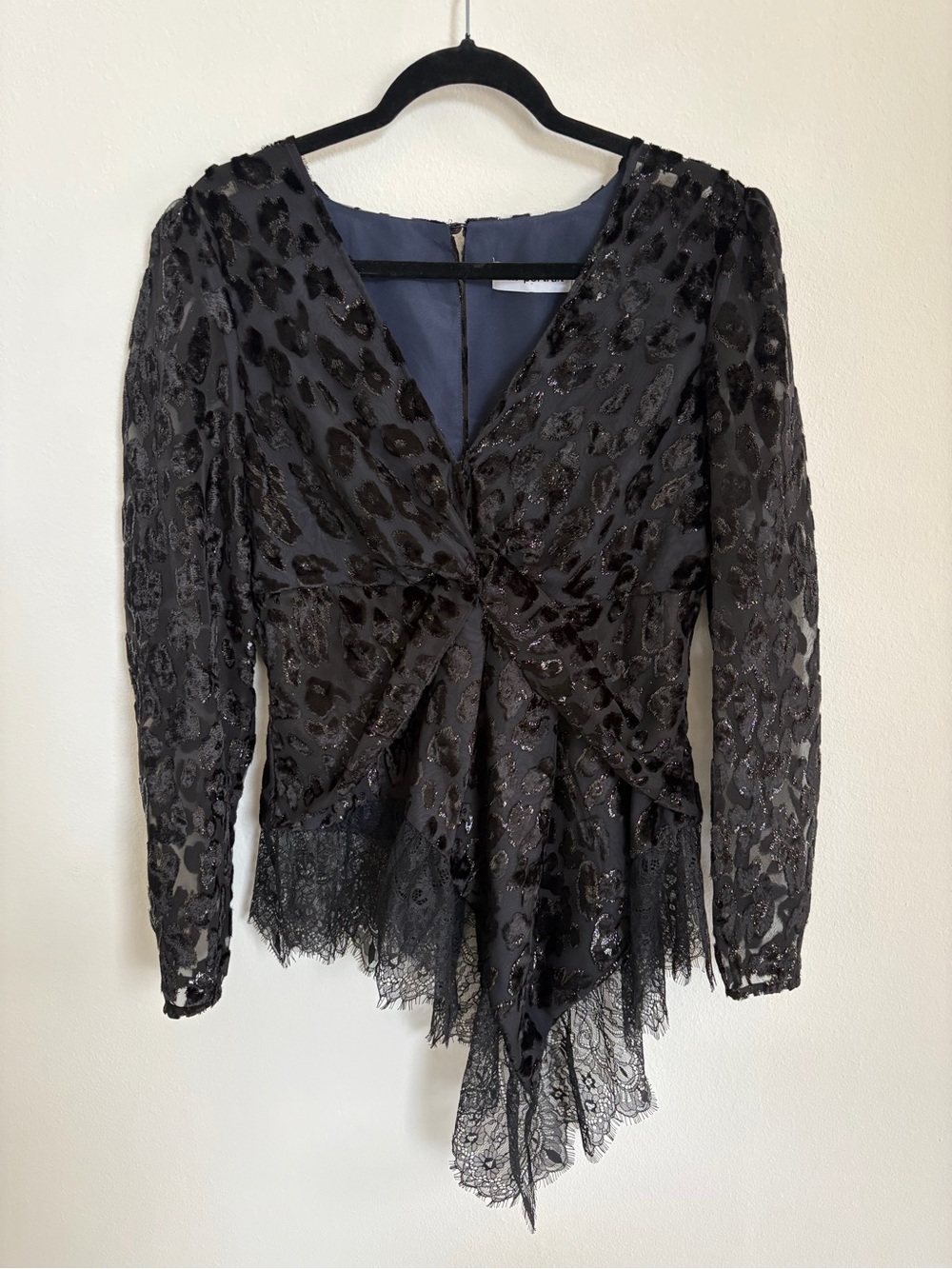 Self-Portrait Black Lace Twist-Front V-Neck Blouse with Sheer Animal Texture